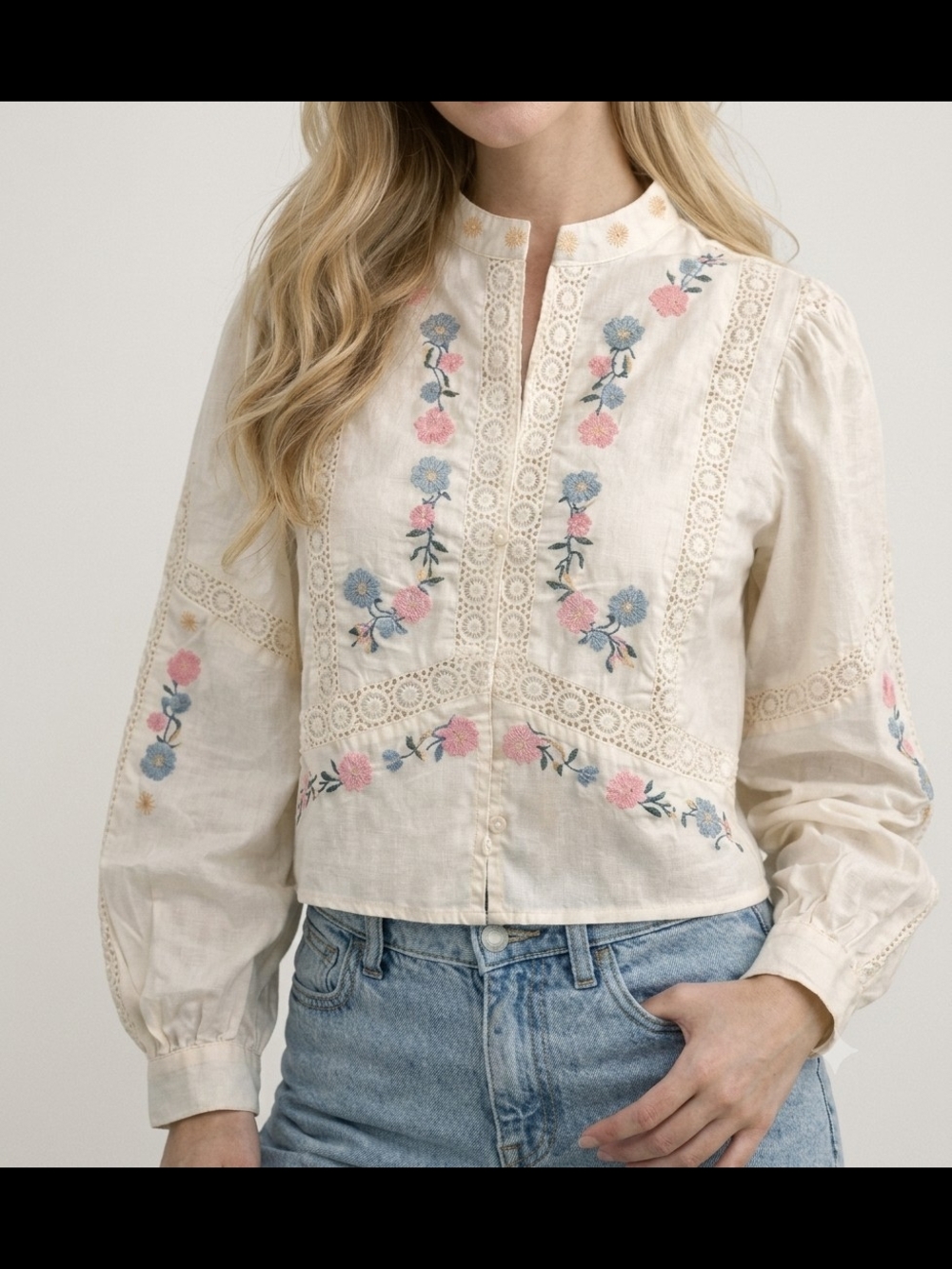 CAROLINE CONSTAS Women's S White Embroidered Lace-Panel Blouse